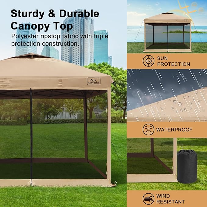 KAMPKEEPER 10x10 Pop Up Canopy with Mosquito Netting,Instant Outdoor Screen Tent Sun Shade for Events Patio Camping Picnic,Gazebo with 4 Sandbags,1 Wheeled Bag(Khaki)