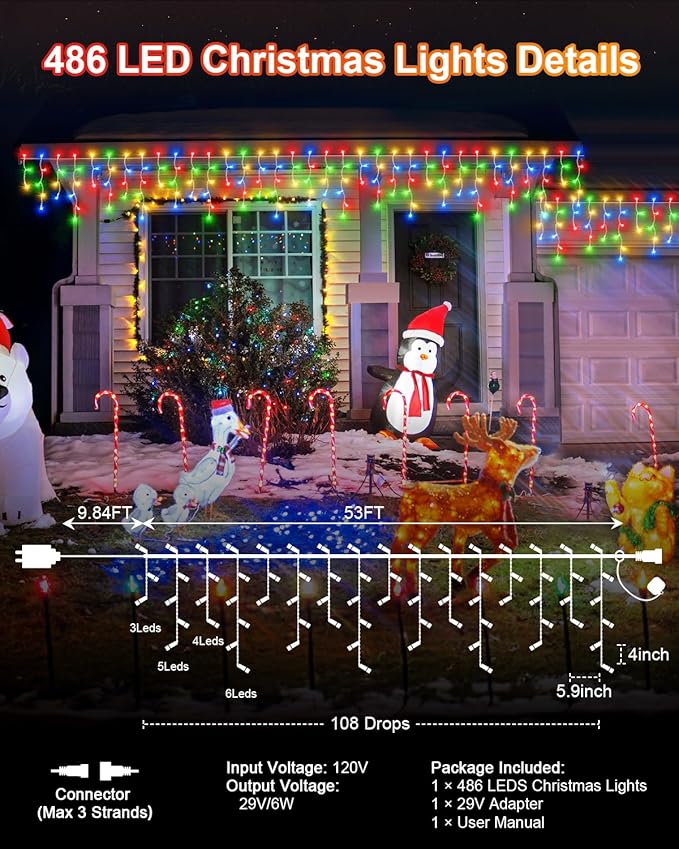 Christmas Lights Outdoor, 53 FT 486 LED Christmas Lights for Outside, Timer & Memory, Plug in 8 Modes Hanging Fairy Lights with 108 Drops for House Eaves Yard Patio Holidays Decorations, Multicolor