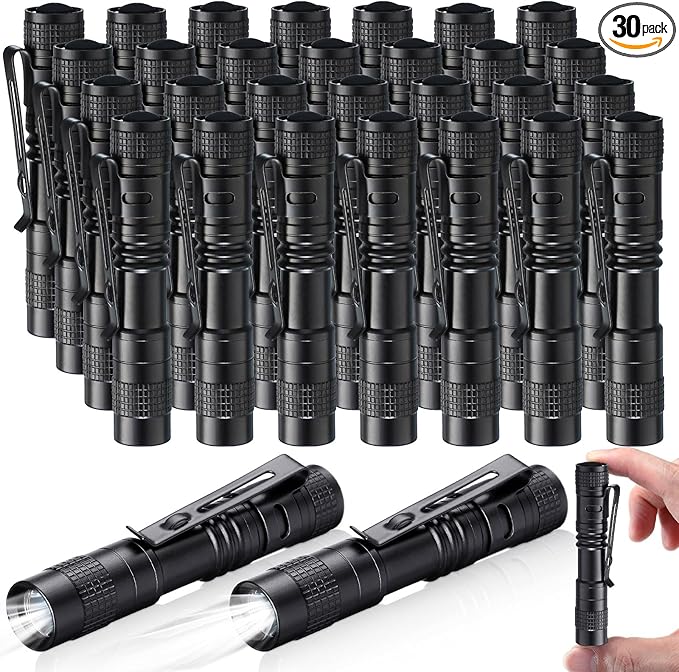 Zhehao 30 Pcs Mini Led Flashlight Bright Aluminum Penlight Flashlights with Clip Small Water Resistant Pocket Flash Light for Night Reading Emergency Hurricane(White Light, 3.5 Inch)
