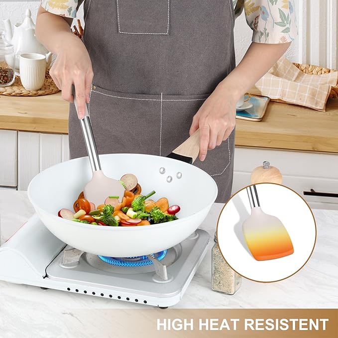 LIANYU 15 Pcs Kitchen Cooking Utensils Set with Holder, Silicone Kitchen Tools with Stainless Steel Handle, Heat Resistant Gadgets, Brush Spatula Spoon Whisk for Cookware, Dishwasher Safe, Khaki