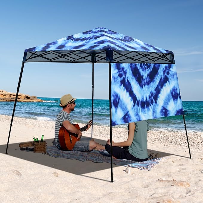 EAGLE PEAK 8x8 Pop Up Canopy Tent with Sidewall, Compact, Portable Slant Leg Instant Sun Shelter for Beach, Sports, & Camping, 8x8 Base 6x6 Top, Tie Dye Blue