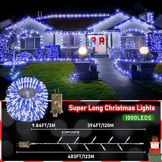XURISEN Upgraded 403FT 1000 LED Christmas Lights Outdoor, Super Long String Lights 8 Modes & Memory Timer Plug in Fairy Lights for Home Xmas Tree Party Wedding Decor -Blue and White