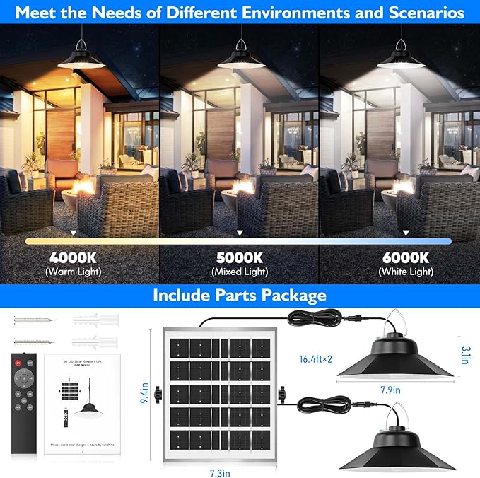 Solar Pendant Light - Outdoor/Indoor, 1200LM with Motion Sensor/Remote/Timer/5 Modes, Waterproof LED Lights for House, Patio, Barn (Dual Lamps)