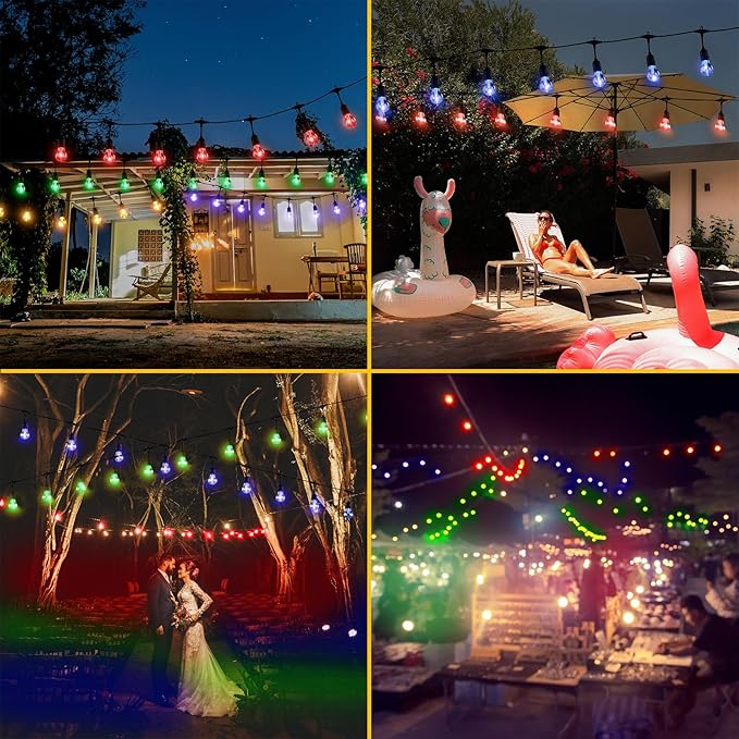 35FT Solar String Lights Outdoor Dimmable RGB Color Changing - Shatterproof LED Bulbs, Waterproof Remote Control Patio Lights for Garden, Yard