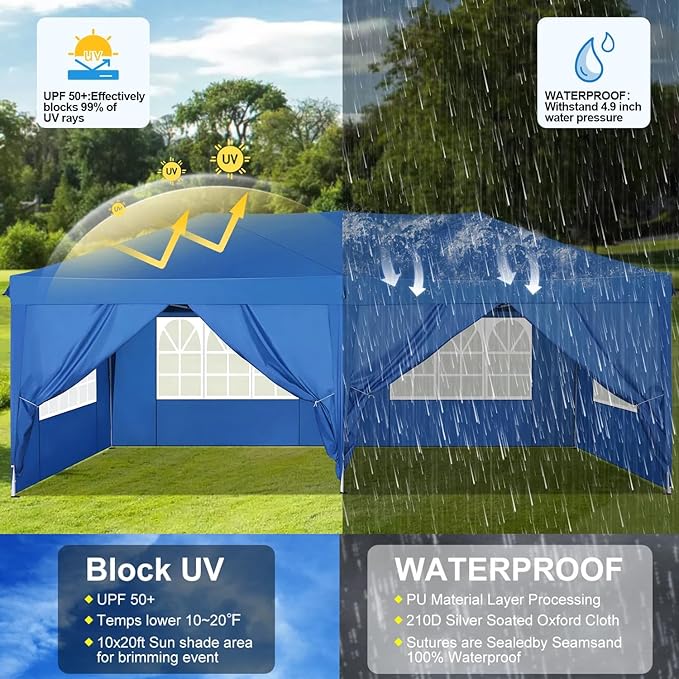COBIZI Canopy 10x20 Pop Up Canopy Tent with 6 Sidewalls Easy Pop Up Tent 10x20 Waterproof Commercial Instant Shelter UPF 50+ Portable Gazebo Wedding Tents for Parties Carport Vender Events