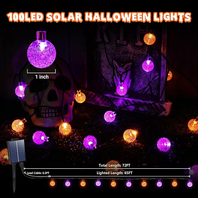 Joomer Orange Purple Halloween Solar Lights - 72FT 100LED Solar String Lights Outdoor, Waterproof Crystal Globe Lights with 8 Modes for Patio, Garden, Halloween Decor