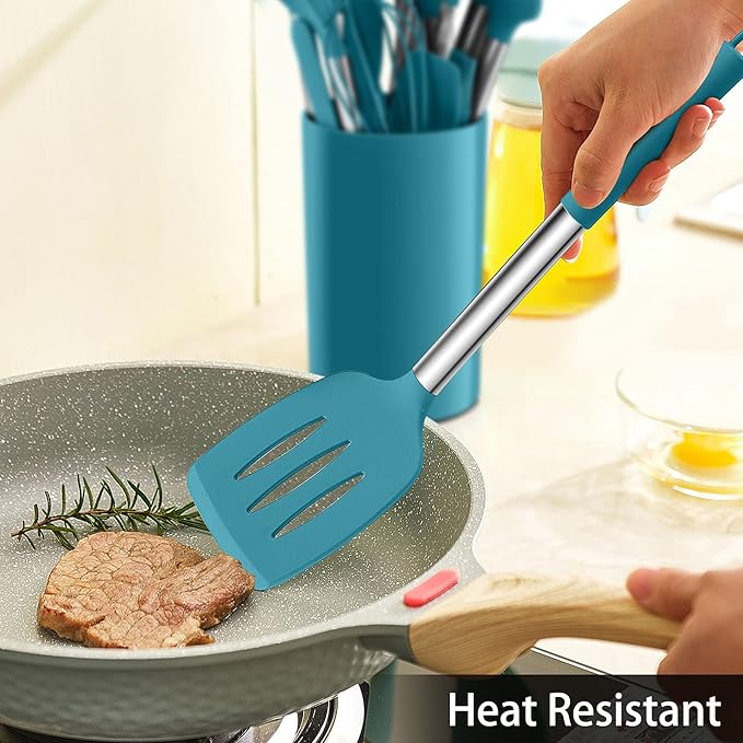 LIANYU 15-Piece Kitchen Cooking Utensils Set with Holder, Silicone Kitchen Tools Stainless Steel Handle, Slotted Spatula Spoon Turner Tong Whisk Brush for Cooking, Dark Blue