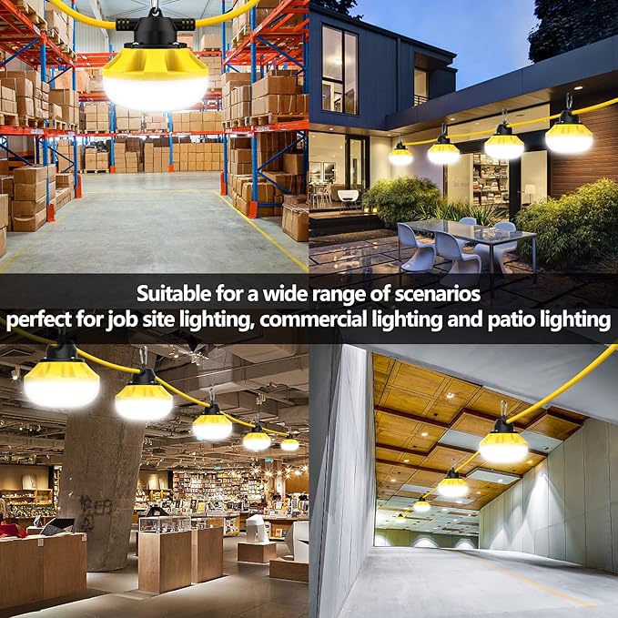100FT LED Construction String Lights 10 Bulbs,10000LM,Industrial Grade,Weatherproof, Linkable 5000K Super Bright for Job Sites, Mining, Patios & Outdoor Work,Free for Climbing Hook 2Prong