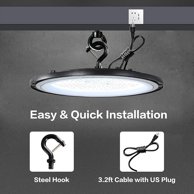 150W LED High Bay Lights with US Plug, 21000LM High Bay LED Shop Light, 5000K Daylight, IP65 Waterproof, UFO Commercial Warehouse Workshop Factory Barn Garage Lighting 2 Pack