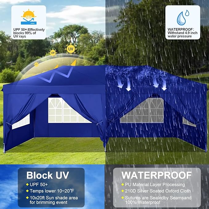 COBIZI Canopy 10x20 Pop Up Canopy Tent with 6 Sidewalls Easy Pop Up Tent 10x20 Waterproof Commercial Instant Shelter UPF 50+ Portable Gazebo Wedding Tents for Parties Carport Vender Events