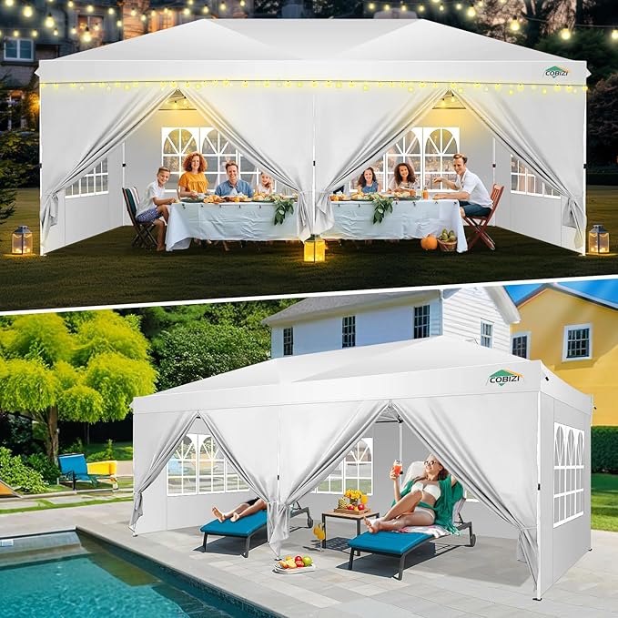 COBIZI 10x20 Pop Up Canopy Tent with 6 Removable Sidewalls,Waterproof & UV 50+ Easy Up Canopy,Commercial Gazebo with Air Vent,4 Sand Bags,4 Stakes & 8 Ropes,Tents for Parties/Camping/Backyard,White