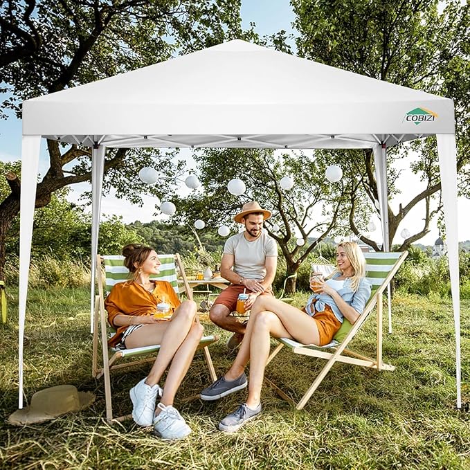 COBIZI 10x10 Pop Up Canopy Tent with 4 Sandbags, Easy Set Up Gazebo, Instant Outdoor Sun Shade &Waterproof Canopy with 8 Stakes,4 Ropes&Carry Bag, Tents for Parties, Beach, Backyard,Camping(White