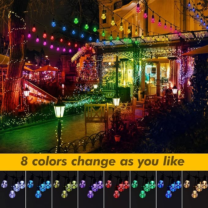 35FT Solar String Lights Outdoor Dimmable RGB Color Changing - Shatterproof LED Bulbs, Waterproof Remote Control Patio Lights for Garden, Yard