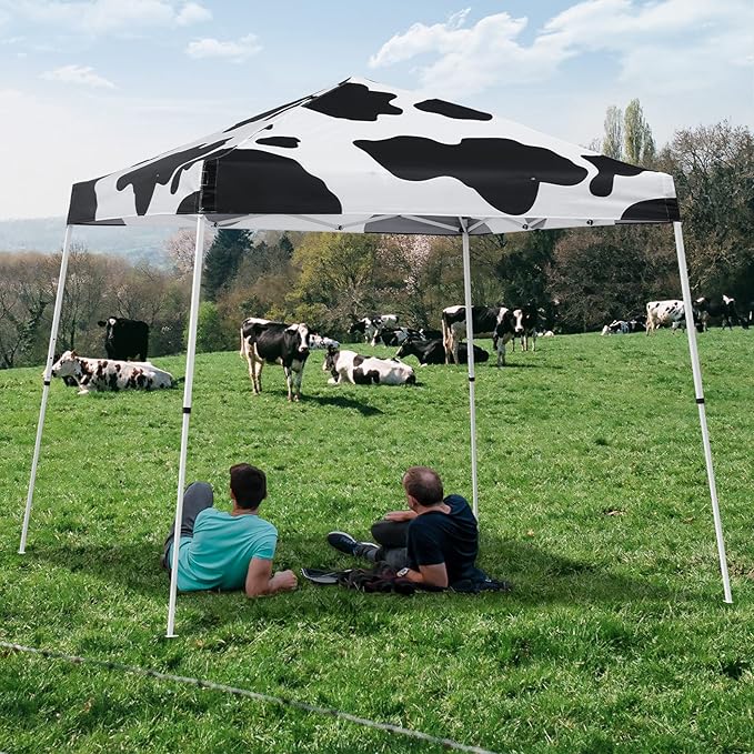 EAGLE PEAK 10x10 Slant Leg Pop-up Canopy Tent Easy One Person Setup Instant Outdoor Beach Canopy Folding Portable Sports Shelter 10x10 Base 8x8 Top (Cow Print)