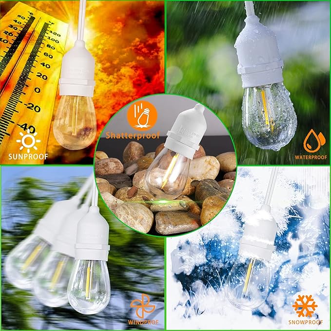 𝟰𝟴𝑭𝑻 LED Outdoor String Lights with 𝟮𝟰 Weatherproof Shatterproof Edison Style 𝑳𝑬𝑫 𝑩𝒖𝒍𝒃𝒔(2 𝑺𝒑𝒂𝒓𝒆),Commercial Grade Waterproof Hanging Lights for Backyard Porch Balcony Party