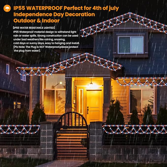 KAZOKU 4th of July Outdoor String Lights 40FT 380LED Waterpoof Red White Blue Semicircle String Lights 8 Lighting Modes Mermory Timer Function Decorations for Independence Day Yard Garden Home Decor