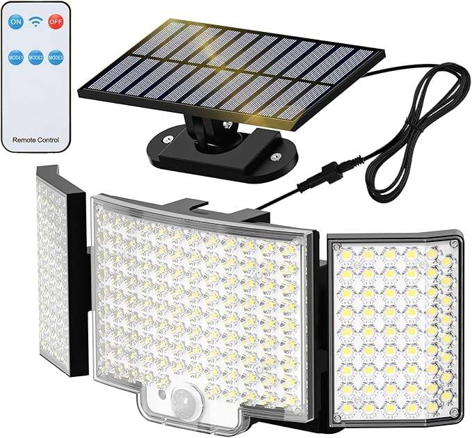 Adiding Outdoor Solar Lights, Bright 212 LEDs Flood Light 270° Wide Angle, Remote Control 3 Modes Motion Sensor Outdoor Lights, Solar Powered Security Light with 16.4 ft Cable for Garage Yard, 1 Pack