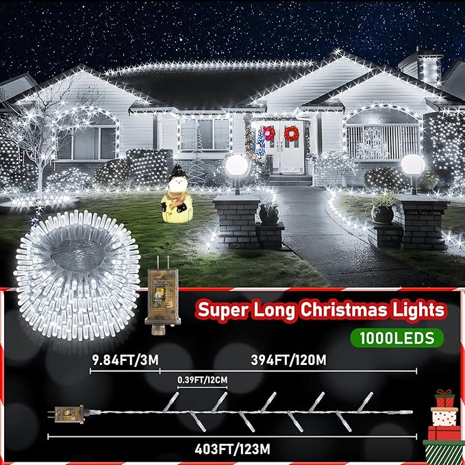 XURISEN Upgraded 403FT 1000 LED Christmas Lights Outdoor, Super Long String Lights 8 Modes & Memory Timer Plug in Fairy Lights for Home Xmas Tree Party Wedding Decor -Cool White