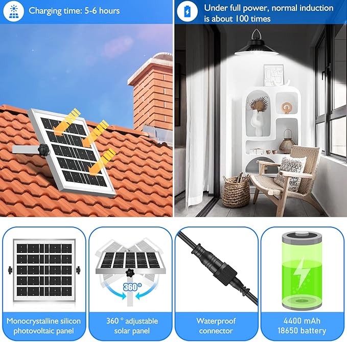 Solar Shed Lights Indoor Outdoor, Motion Sensor Solar Pendant Light with Remote Control,Upgraded 5 Lighting Modes 1200LM IP65 Waterproof Dusk to Dawn Lamp for Garage Gazebo Barn(Single Lamp)