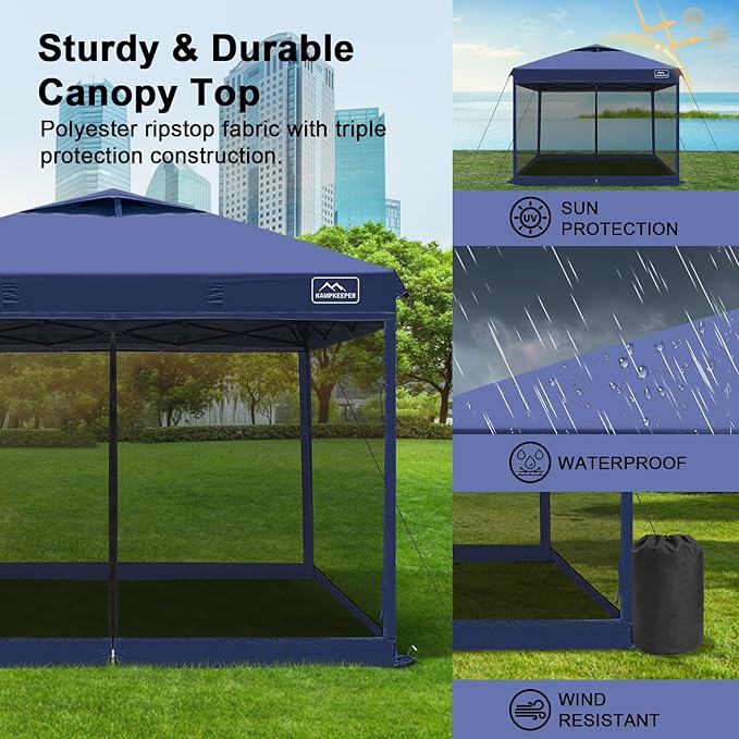 KAMPKEEPER 10x10 Pop Up Canopy with Mosquito Netting,Instant Outdoor Screen Tent Sun Shade for Events Patio Camping Picnic,Gazebo with 4 Sandbags,1 Wheeled Bag(Navy Blue)