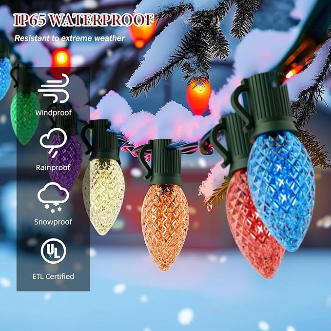 Kawaya Outdoor Christmas C9 LED String Lights - 25ft 25 Bulbs Multi Colored Indoor Decorations, IP65 Commercial Waterproof for Tree, Outside Roof, House, Walkway, Pathway