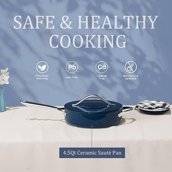 Nonstick Ceramic Sautรฉ Pan with Lid (4.5 qt, 11"), Deep Frying Pan for All Cooktops - Non Toxic, PTFE/PFOA/PFAS Free, Dishwasher & Oven Safe up to 500ยฐF - with Stay Cool Handle - Navy Blue