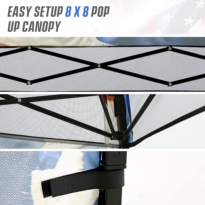 EAGLE PEAK 8x8 Pop Up Canopy Tent with Sidewall, Compact, Portable Slant Leg Instant Sun Shelter for Beach, Sports, & Camping, 8x8 Base 6x6 Top, Stars and Stripes