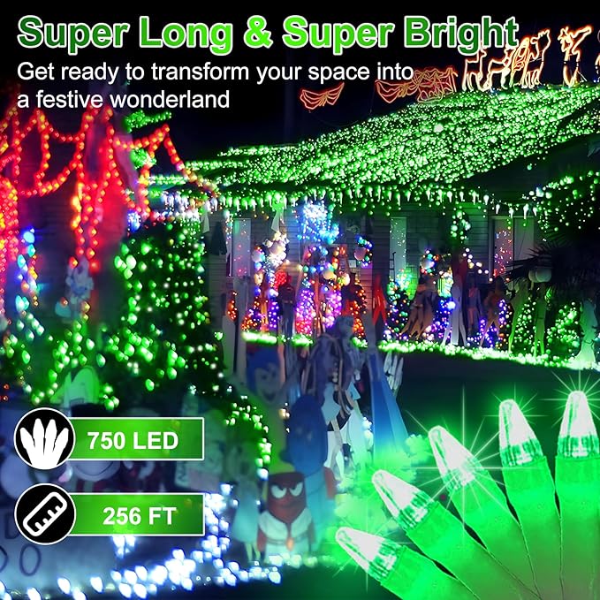 750 LED 256FT Christmas String Lights Outdoor, Christmas Light with 8 Lighting Modes& Timer & Memory, Plug in Outdoor Waterproof Clear Wire Twinkle Light for for Xmas Yard Tree Party Decor Green