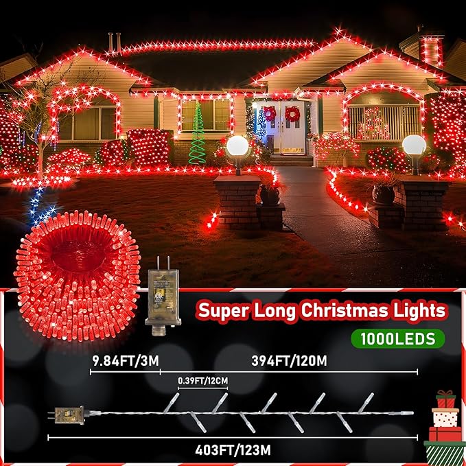 XURISEN Upgraded 403FT 1000 LED Christmas Lights Outdoor, Super Long String Lights 8 Modes & Memory Timer Plug in Fairy Lights for Home Xmas Tree Party Wedding Decor -Red