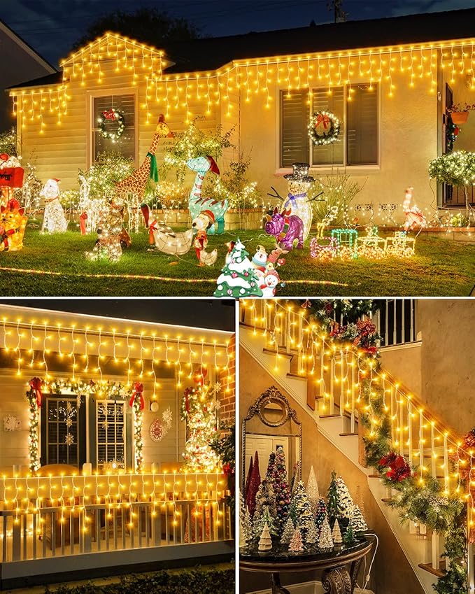 106 FT Christmas Lights Outdoor, 972 LED Waterproof Outside Christmas Lights Plug in, Connectable 8 Modes Hanging Fairy Lights with 216 Drops for House Eaves Yard Patio Wedding Decoration, Warm White