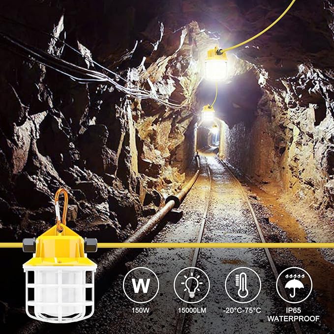100ft LED Construction String Lights, 150W 15000LM Super Bright LED String Work Light, Construction Temporary Lights Apply to Renovation, Courtyard, Jobsite, and All Outdoor Lighting (100ft-10lights)