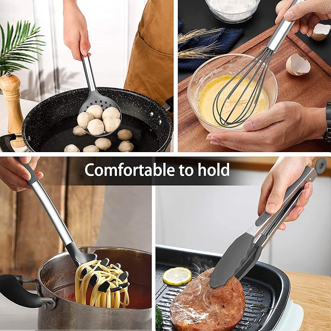 LIANYU 15-Piece Cooking Kitchen Utensils Set with Holder, Silicone Kitchen Tools Stainless Steel Handle, Slotted Spatula Spoon Turner Tong Whisk Brush for Cooking, Gray