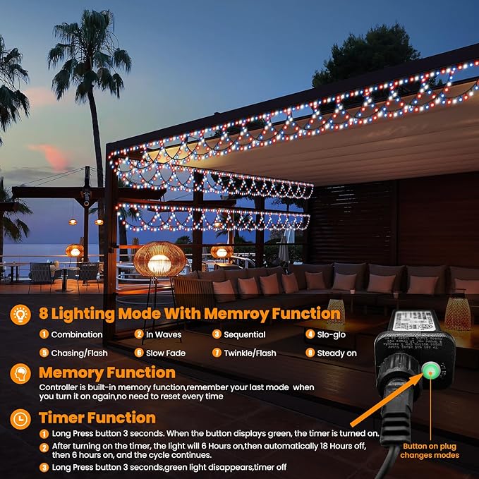 KAZOKU 4th of July Outdoor String Lights 40FT 380LED Waterpoof Red White Blue Semicircle String Lights 8 Lighting Modes Mermory Timer Function Decorations for Independence Day Yard Garden Home Decor