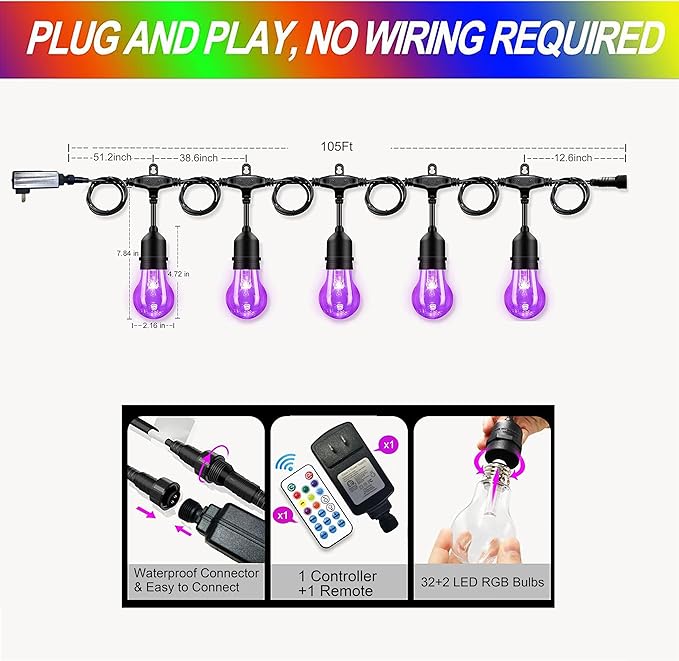 105FT Color Changing LED String Lights Outdoor, Dimmable RGB Patio Lights with 25 Shatterproof E26 Edison Bulbs, Waterproof Backyard Garden1