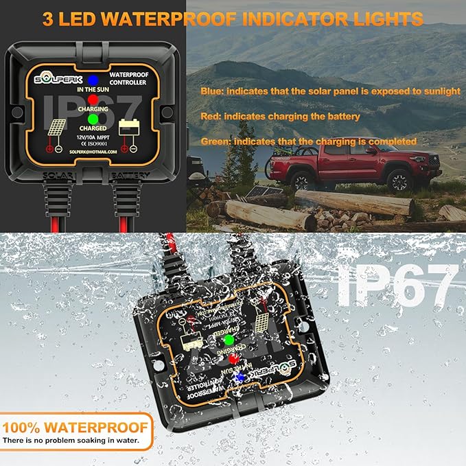 SOLPERK 10W Solar Panel Solar Battery Charger 12V Solar Panel Kit + MPPT Charge Controller, Suitable for Automotive, Motorcycle, Boat, ATV, Marine, RV, Trailer, Snowmobile, Off Grid System