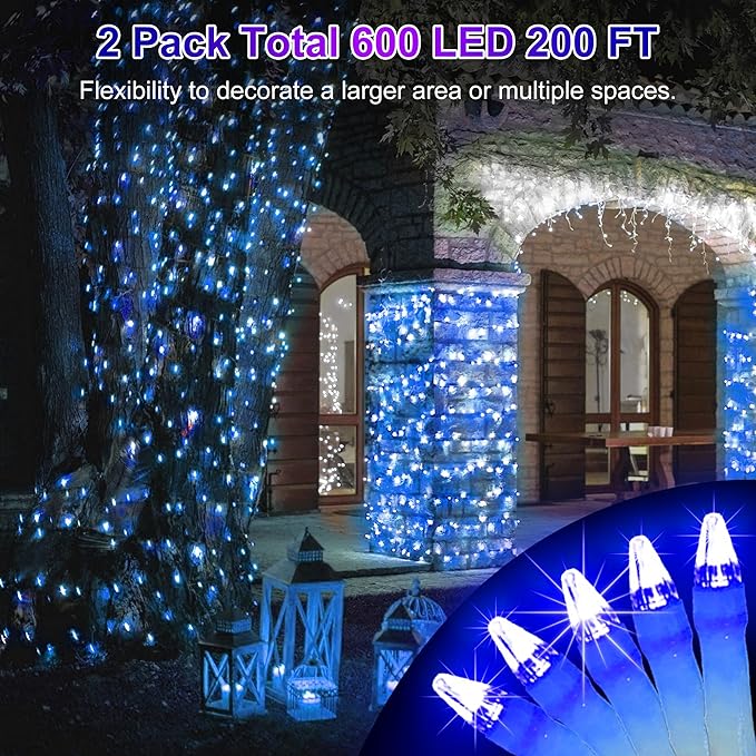 2 Pack Total 200FT 600 LED Christmas String Lights, Fairy Tree Lights Indoor Outdoor Connectable, 8 Modes & Timer LED String Lights for Bedroom, Home, Tree, Yard, Door, Wedding, Xmas Decore (Blue)
