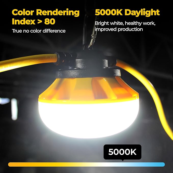 100ft Construction String Lights: 3 Prong 100w 11000lm ETL Certified Bright Industrial Outdoor Temporary Lighting Led Hanging IP65 Waterproof 18AWG Wire Work Light for Attic Jobsite Garage