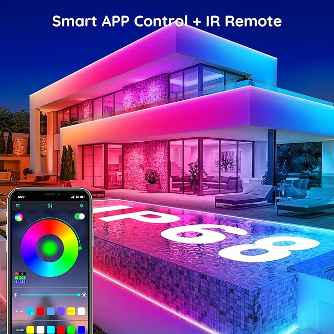 100Ft Outdoor LED Strip Lights Waterproof,Music Sync RGB IP68 Outside Led Light Strips Waterproofs with App and Remote,Exterior Led Rope Lights Waterproof for Deck,Balcony,Roof,Garden,Pool