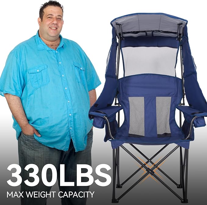 Camping Chair with Canopy Shade - Folding Beach Chair with UPF 50+ Sun Shade, Cup Holder, Side Pocket, Portable Sports Chair for Adults Support 330 LBS, Fishing Camp Outdoor Lawn Chair - Blue