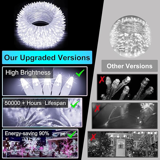 492FT Christmas Lights Outdoor, 1300 LED Extra Long LED String Lights 8 Modes Christmas Tree Lights, with Timer & Momory Function Waterproof Decorations for Xmas Yard Tree Party Home Garden Cool White
