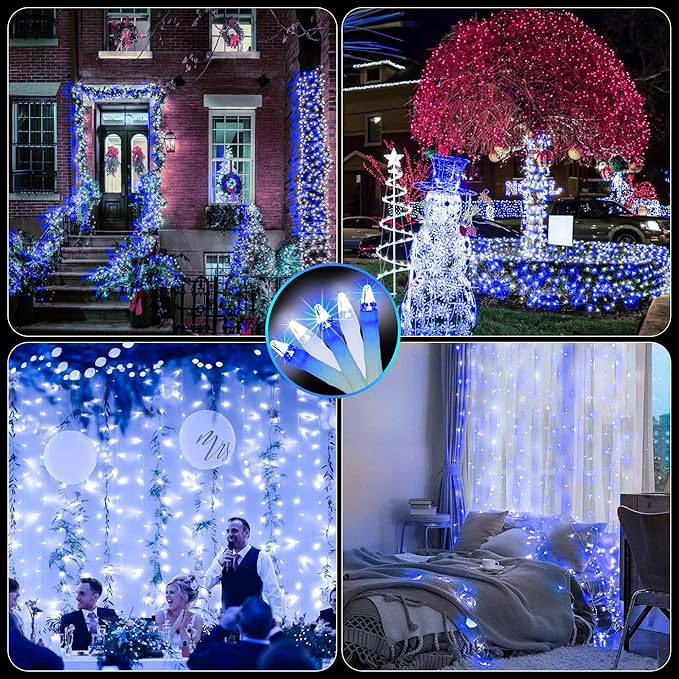 2 Pack Total 200FT 600 LED String Lights, Fairy Tree Lights Indoor Outdoor Connectable, 8 Modes & Timer Christmas Lights for Bedroom, Home, Tree, Yard, Door, Wedding, Xmas Decore (Cool White & Blue)
