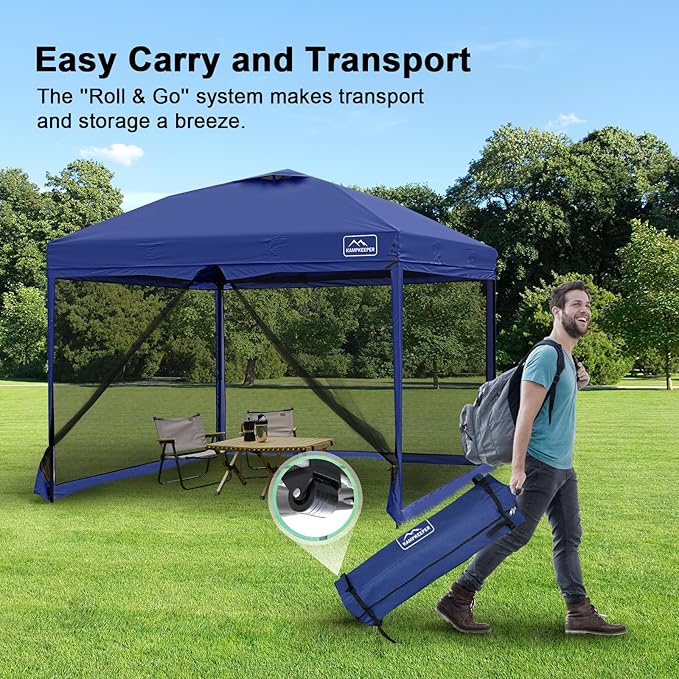 KAMPKEEPER 10x10 Pop Up Canopy with Mosquito Netting,Instant Outdoor Screen Tent Sun Shade for Events Patio Camping Picnic,Gazebo with 4 Sandbags,1 Wheeled Bag(Navy Blue)