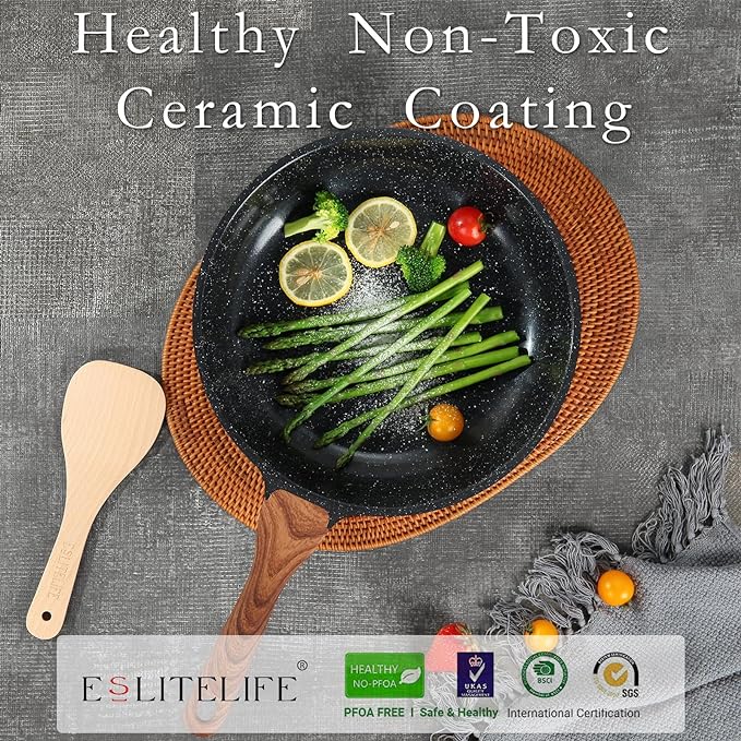 ESLITE LIFE Nonstick Ceramic Frying Pans Skillets Set, Non-Toxic Egg Omelette Kitchen Cooking Pans Compatible with All Stovetops (Gas, Electric & Induction), PTFE & PFOA Free (Black)