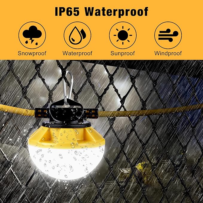 100FT Construction String Lights, IP65 Waterproof ETL Certified LED String Work Lights, 5000K Daylight 18AWG Wire Linkable Temporary Construction Lighting for Jobsite with 10 Bulbs & Hooks