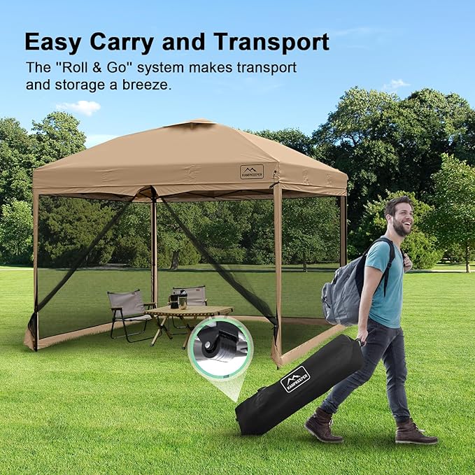 KAMPKEEPER 10x10 Pop Up Canopy with Mosquito Netting,Instant Outdoor Screen Tent Sun Shade for Events Patio Camping Picnic,Gazebo with 4 Sandbags,1 Wheeled Bag(Khaki)