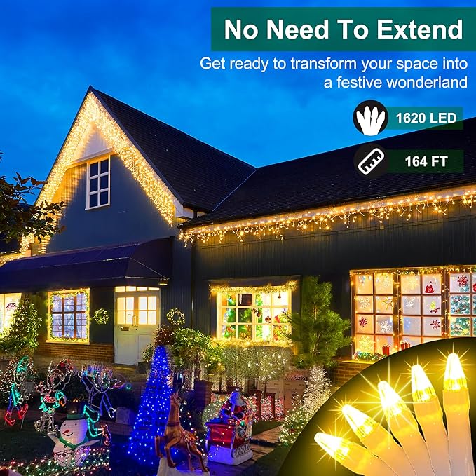 1620 LED 164ft Christmas Icicle Lights Outdoor,8 Modes Fairy Curtain Icicle String Lights with 360 Drops,XKSQ Twinkly Lights Plug in Timer Memory for Holiday Wedding Party (Warm White)