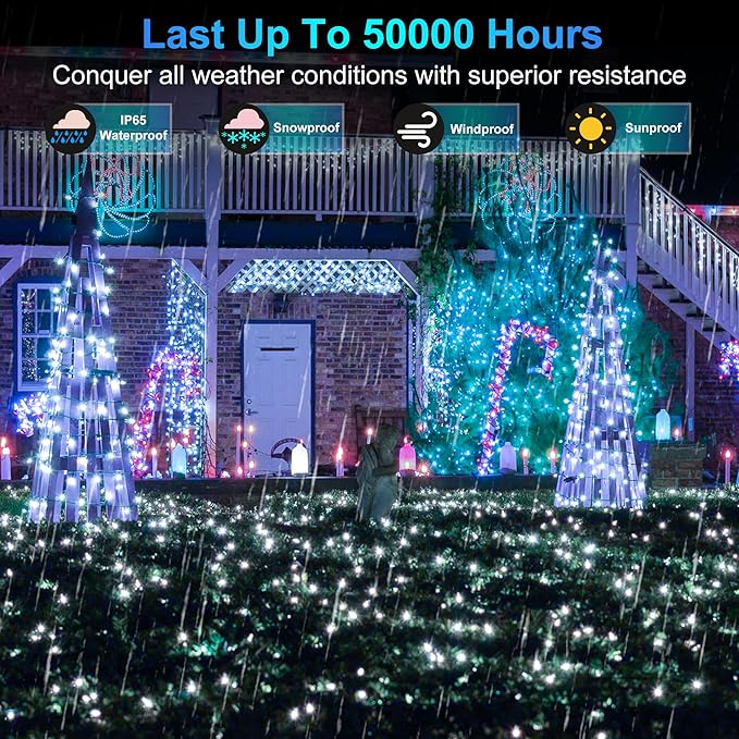 492FT Christmas Lights Outdoor, 1300 LED Extra Long LED String Lights 8 Modes Christmas Tree Lights, with Timer & Momory Function Waterproof Decorations for Xmas Yard Tree Party Home Garden Cool White