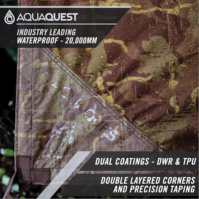 AquaQuest Defender Tarp – 100% Waterproof (20,000mm) Heavy-Duty Shelter for Camping, Bushcraft, Survival, Hammock, Basecamp, Hunting, Hiking & All-Season Use – 30 Options Available: 5 Sizes & 6 Colors
