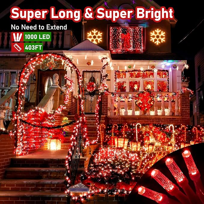 XURISEN Upgraded 403FT 1000 LED Christmas Lights Outdoor, Super Long String Lights 8 Modes & Memory Timer Plug in Fairy Lights for Home Xmas Tree Party Wedding Decor -Red