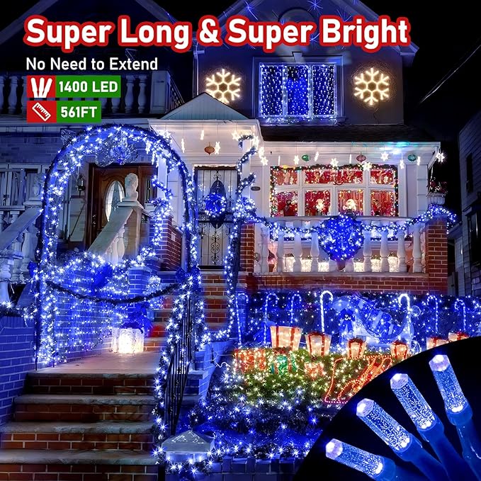 XURISEN Upgraded 561FT 1400 LED Christmas Lights Outdoor, Super Long String Lights 8 Modes & Memory Timer Plug in Fairy Lights for Home Xmas Tree Party Wedding Decor -Blue